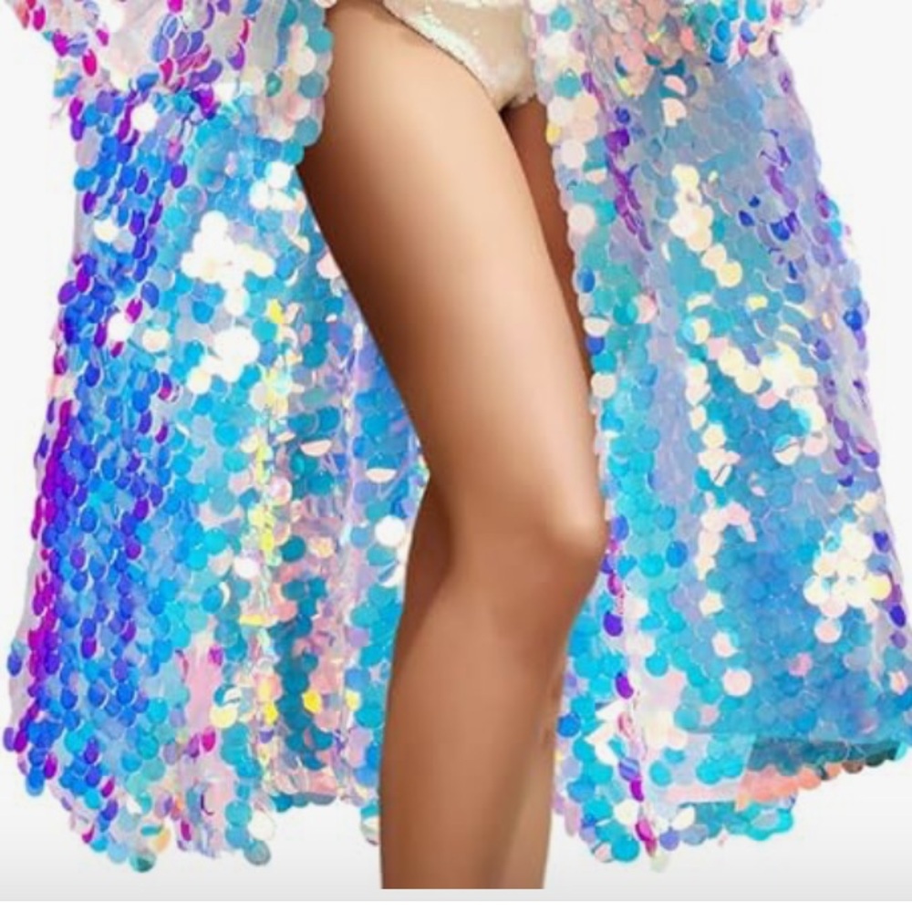 Long iridescent sequin kimono kaftan vintage jacket coat hologram festival rave - Picture 3 of 4